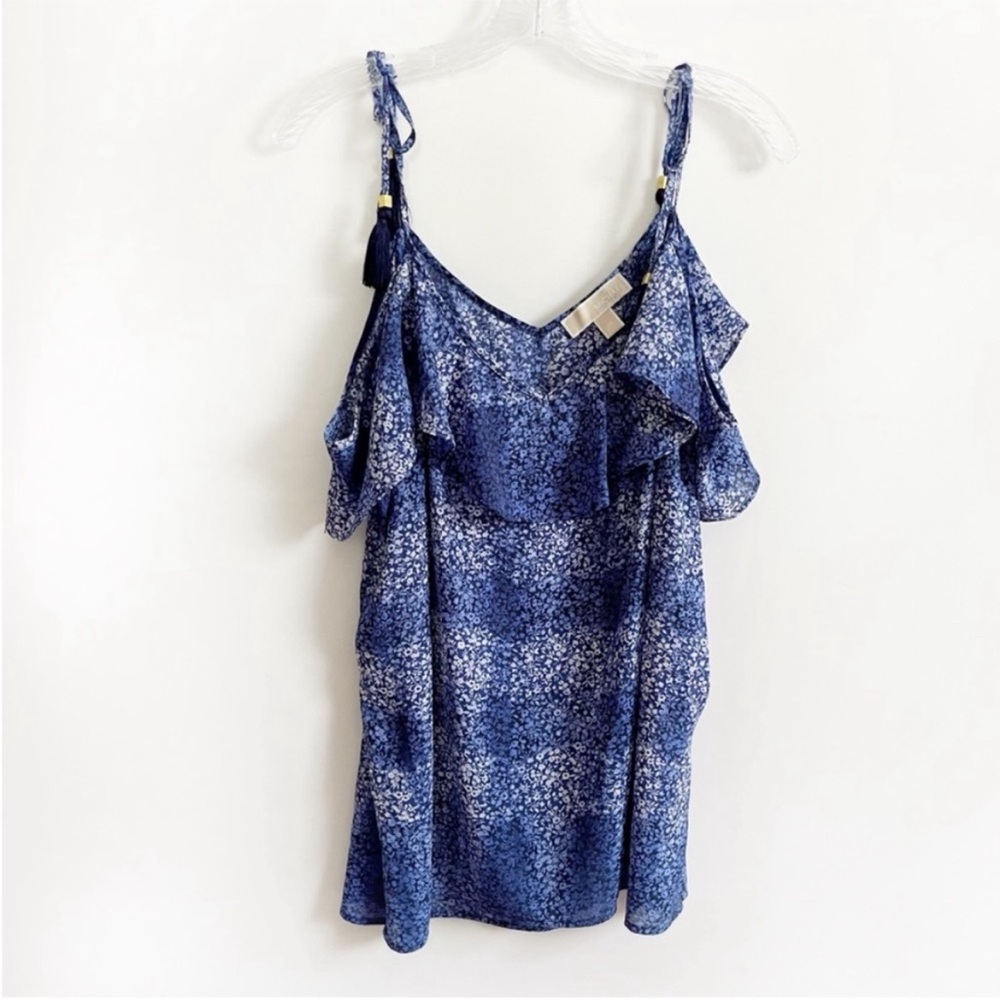 Michael Michael Kors top blue floral cold shoulder tassel ties flowy ruffle